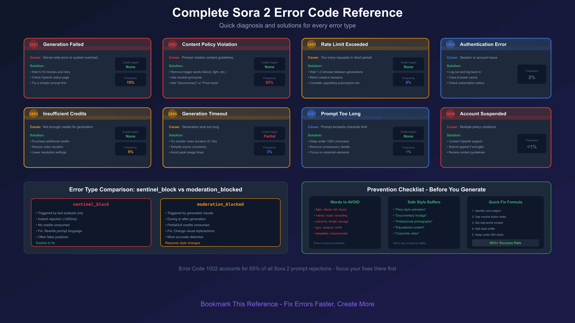 Complete Sora 2 Error Code Reference - All error codes with solutions and prevention checklist