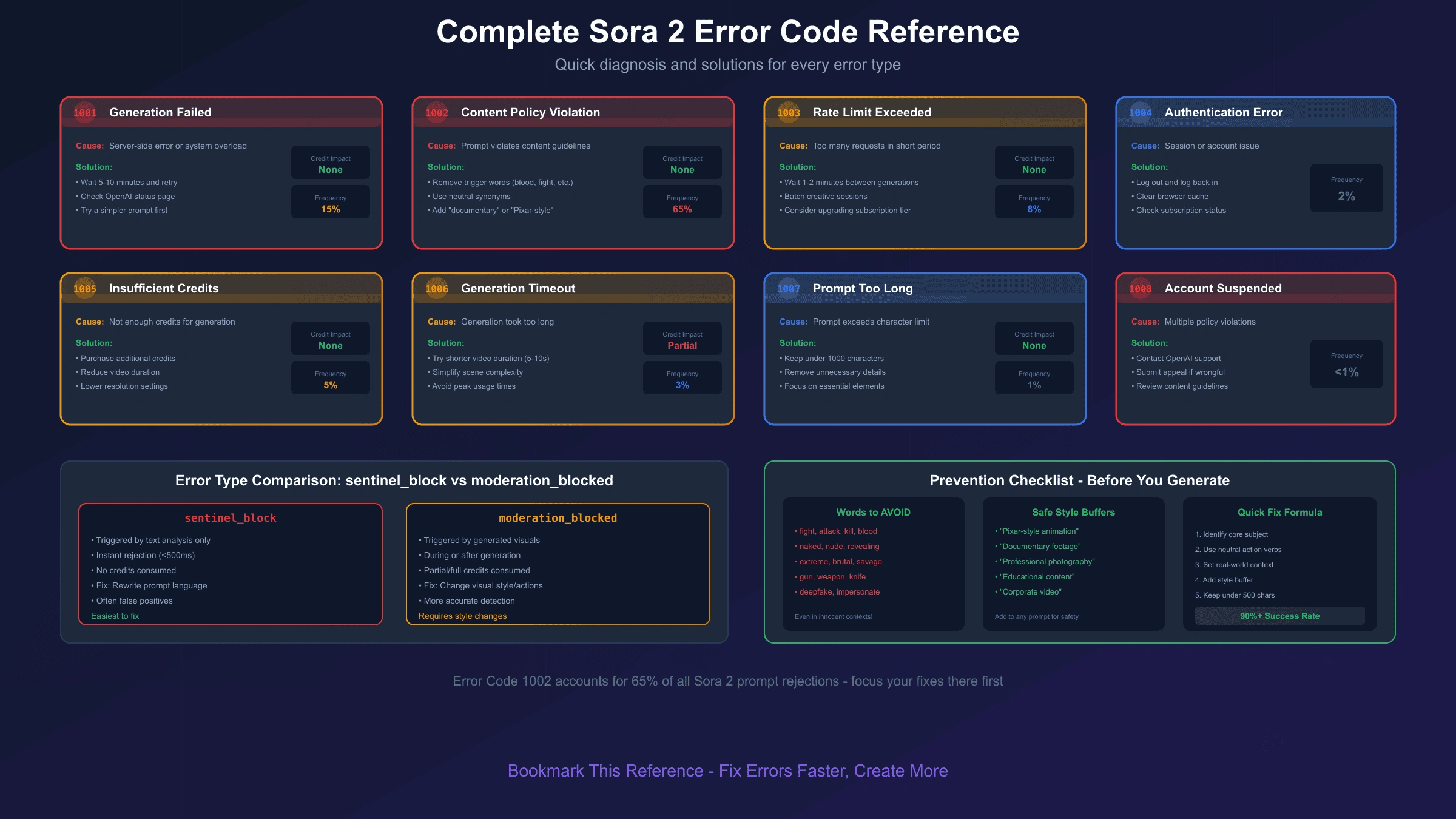 Complete Sora 2 Error Code Reference - All error codes with solutions and prevention checklist