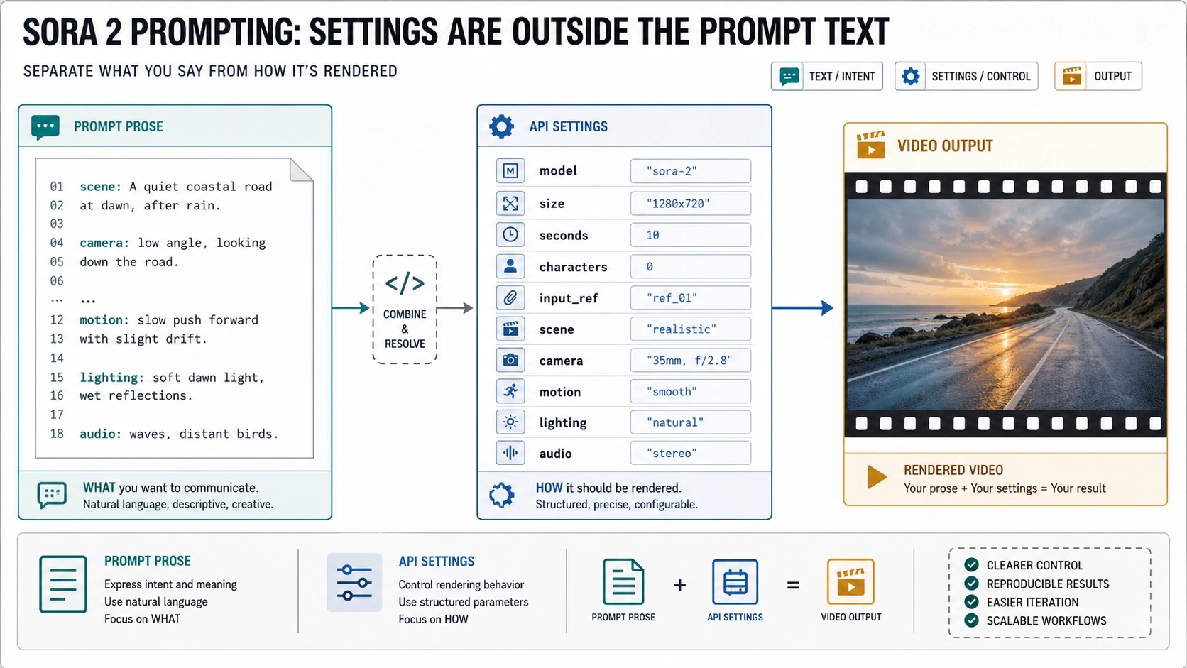 Sora 2 diagram separating prompt prose from API settings such as model, size, seconds, characters, and input reference.