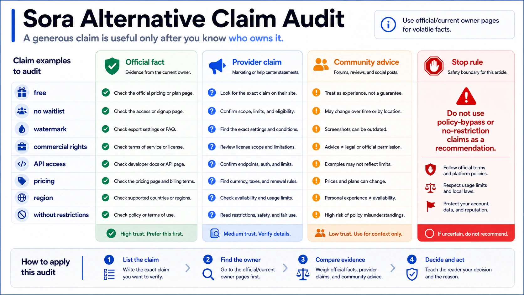 Sora alternative claim audit separating official facts, provider claims, community advice, and stop rules