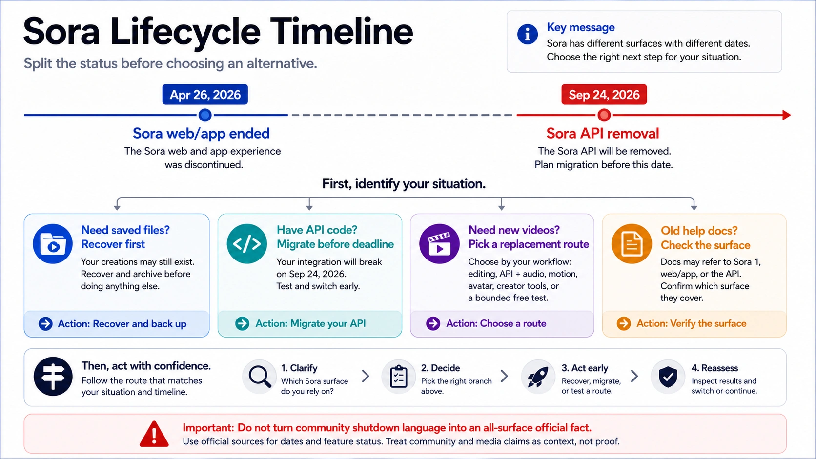 Sora lifecycle timeline showing the web/app end date, API removal date, and recovery or migration branches