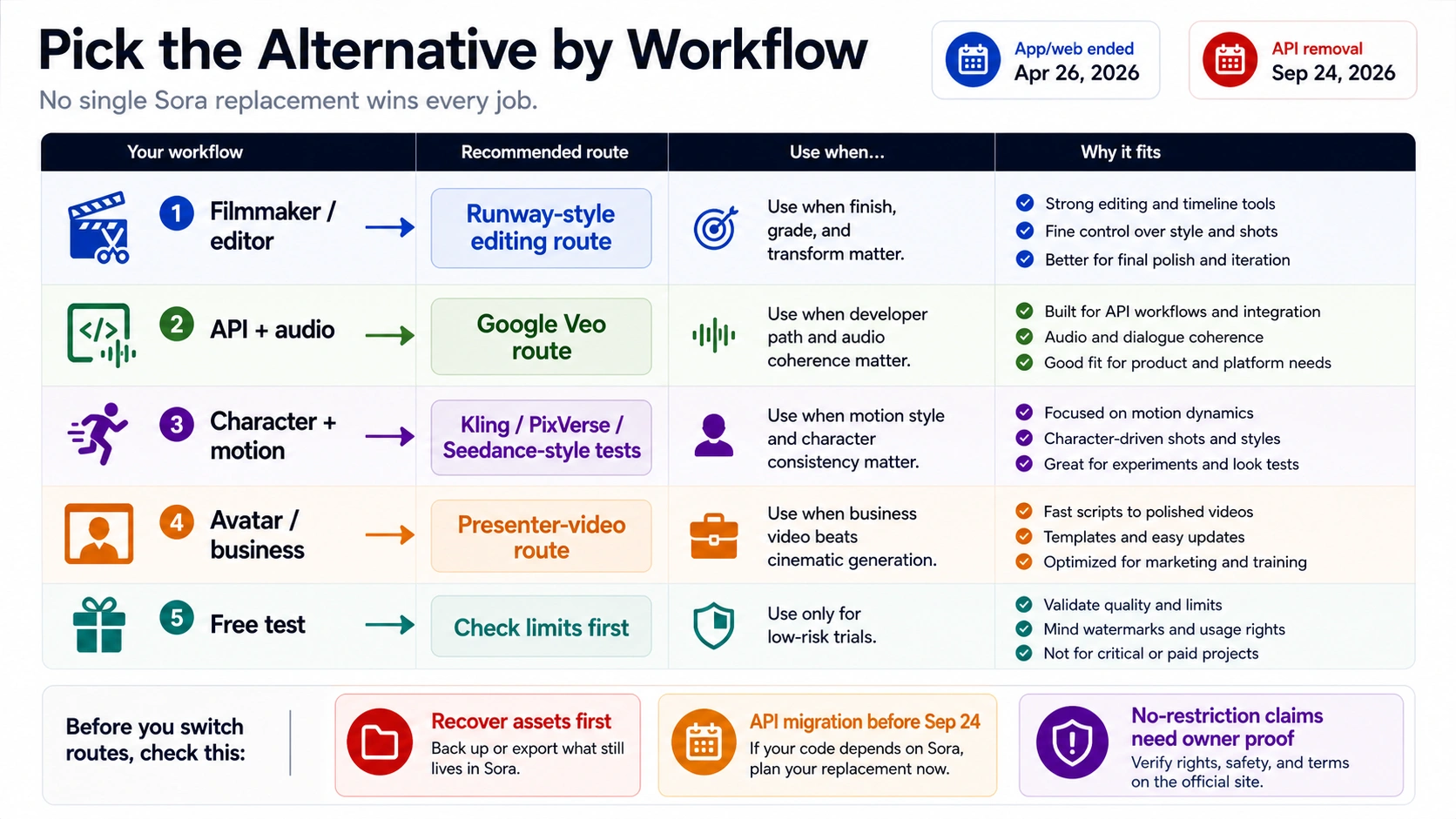 Sora alternatives workflow matrix for editor, API audio, character motion, avatar business, and free test routes