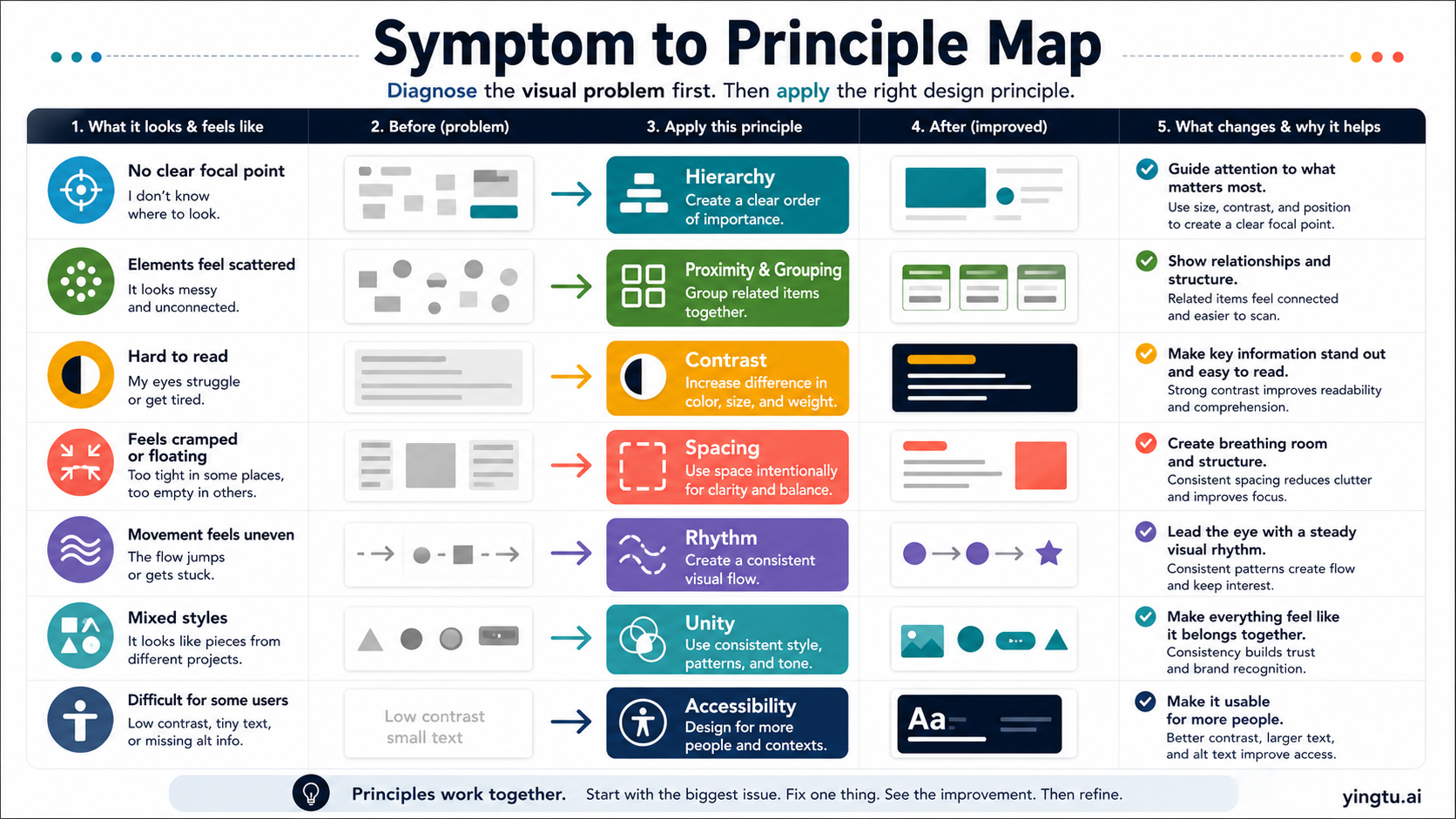 Symptom to principle map matching unclear focal points, scattered elements, low readability, spacing issues, weak rhythm, mixed styles, and accessibility problems to the first design repair