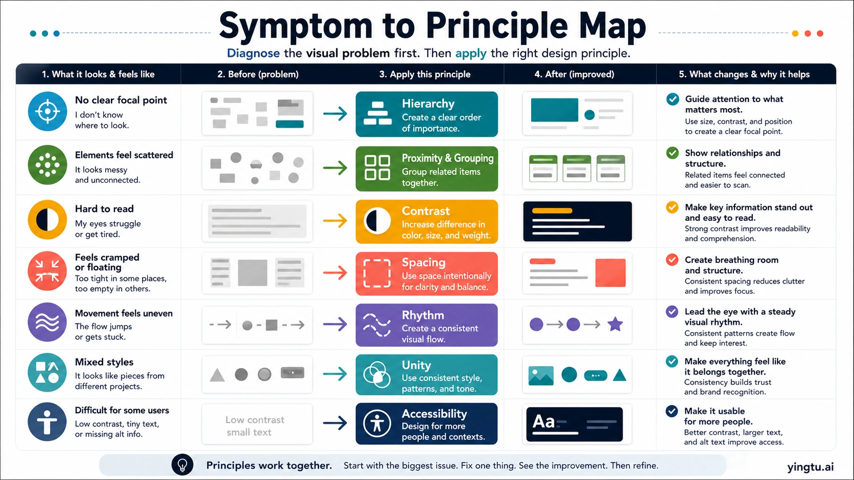 Symptom to principle map matching unclear focal points, scattered elements, low readability, spacing issues, weak rhythm, mixed styles, and accessibility problems to the first design repair