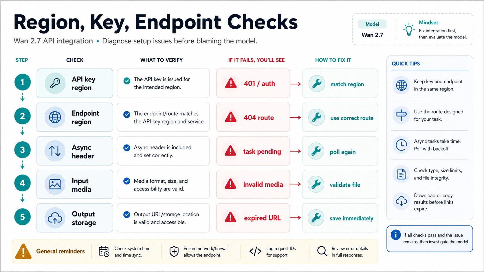 Wan 2.7 region, key, endpoint, and output-storage checks