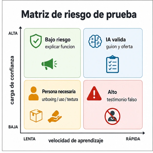 Matriz de riesgo de prueba que separa explicacion funcional, guion IA, prueba humana y testimonio falso