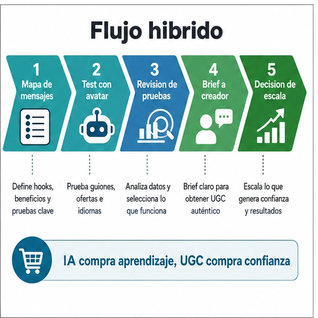 Flujo hibrido desde mapa de mensajes y test con avatar hasta brief a creador y decision de escala