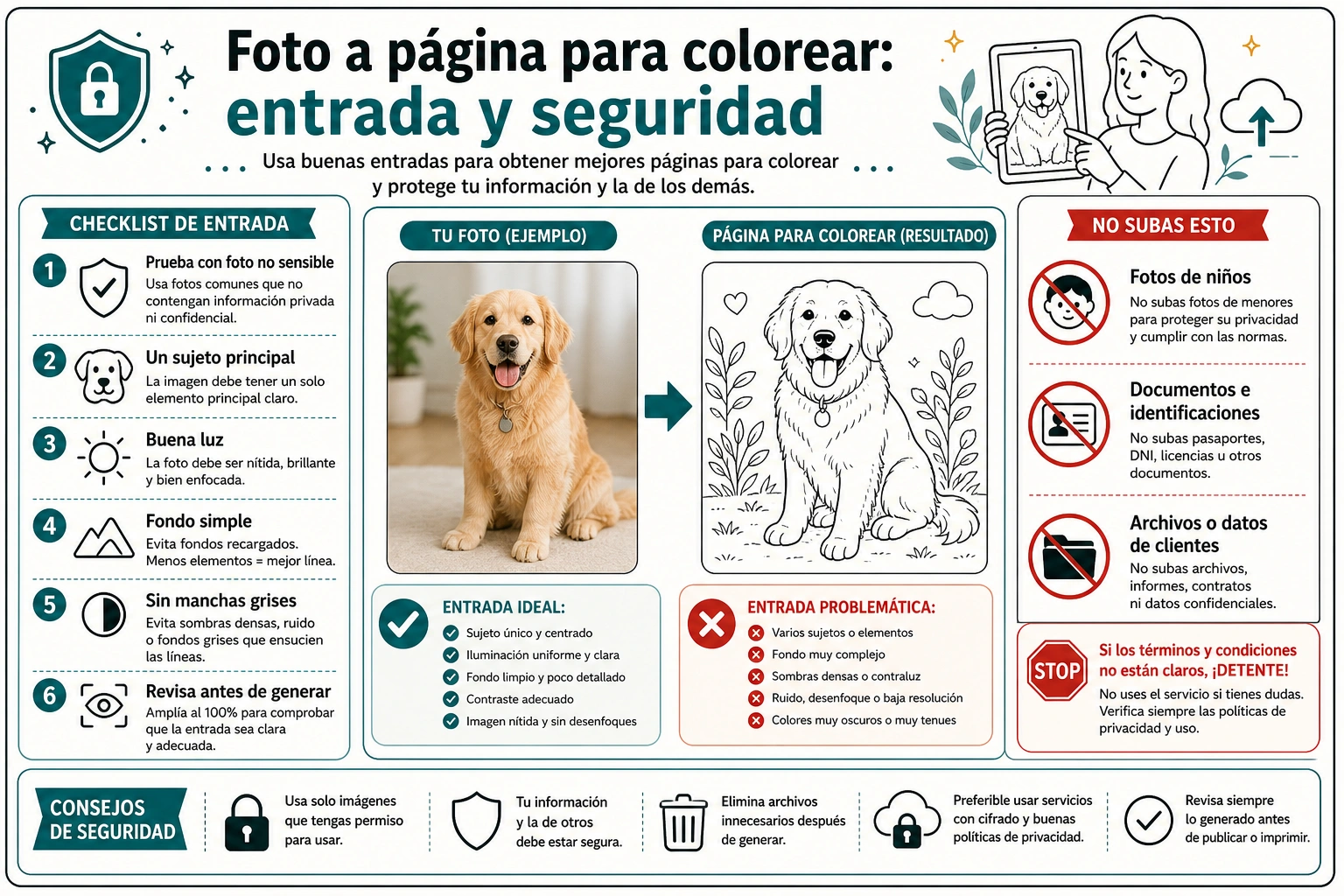 Revisión de entrada y seguridad antes de convertir una foto en dibujo para colorear