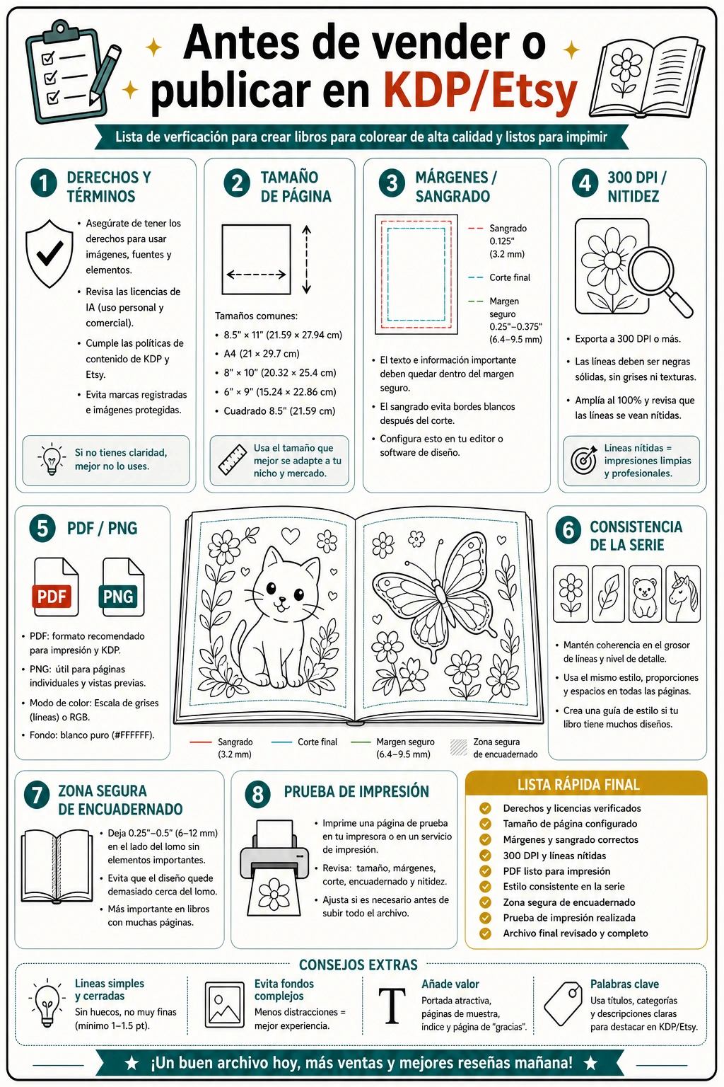 Revisión de exportación e impresión antes de publicar dibujos para colorear con IA