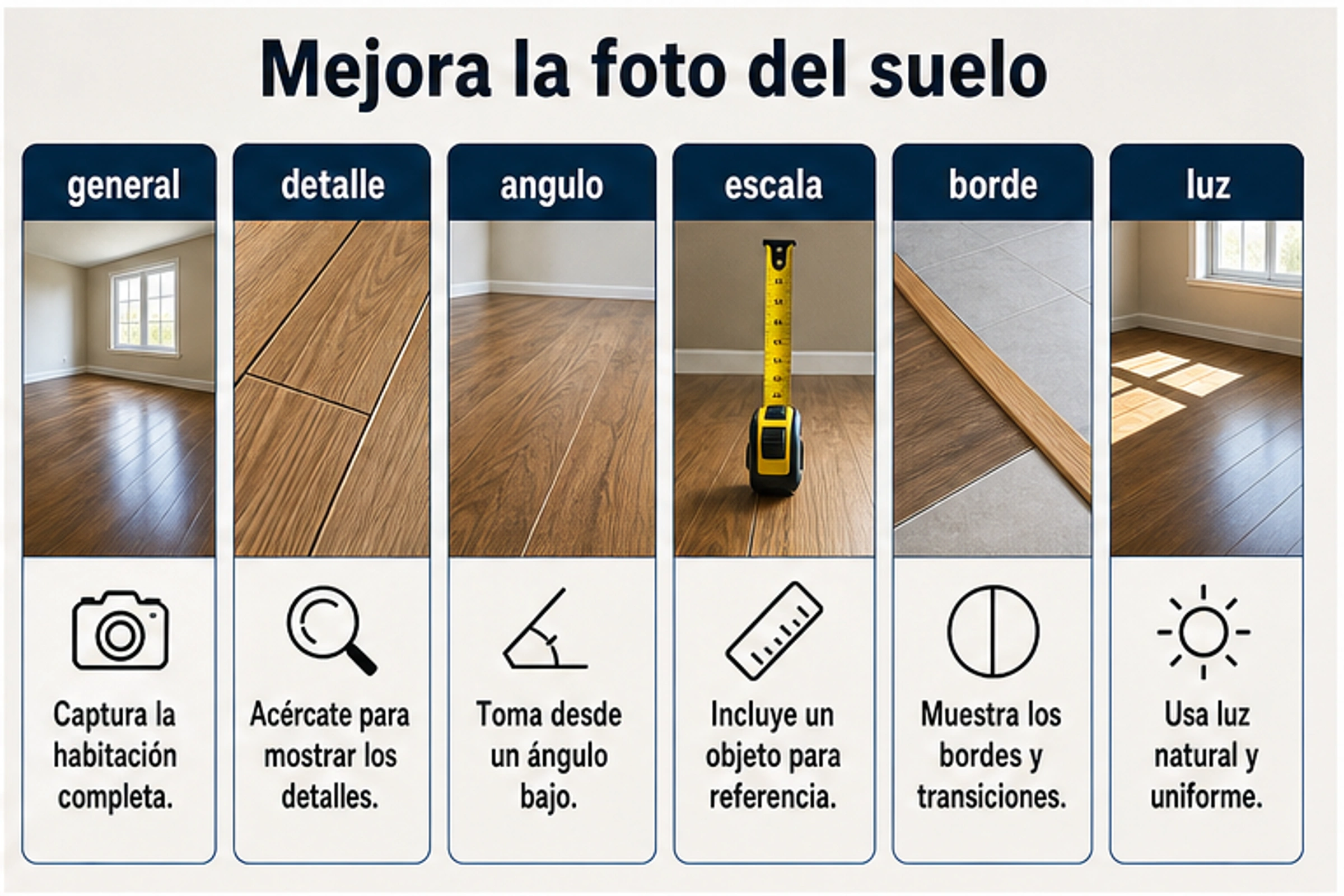 Lista de fotos para analizar un suelo: plano general, detalle, angulo bajo, referencia, borde y luz.