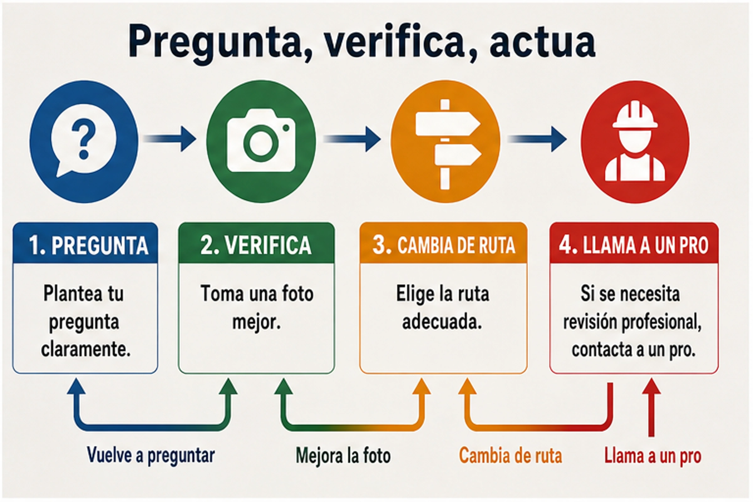 Flujo de trabajo para una foto del suelo: pregunta estrecha, mejora la foto, cambia de ruta o llama a un profesional.