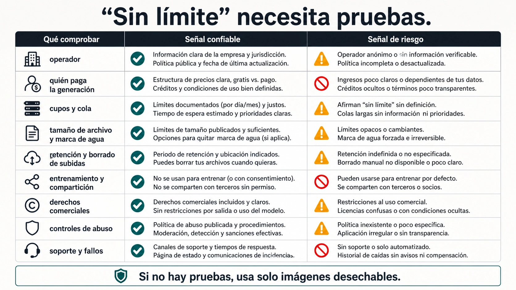 Matriz para comprobar promesas sin límite en creadores de imágenes IA con subida