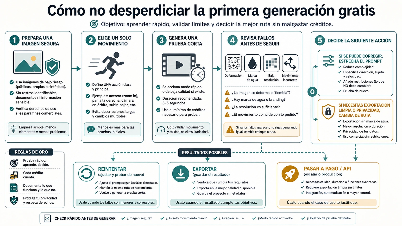 Flujo de primera generación gratis: imagen segura, movimiento estrecho, prueba corta, revisión de fallos y decisión de reintentar o cambiar de ruta