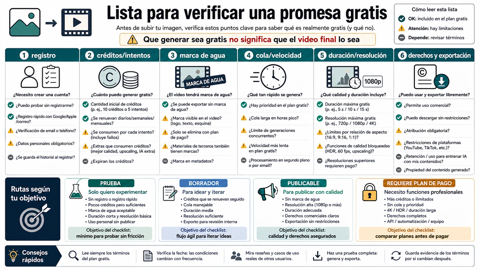 Lista para verificar registro, créditos, marca de agua, cola, calidad y derechos en un generador IA de imagen a video gratis