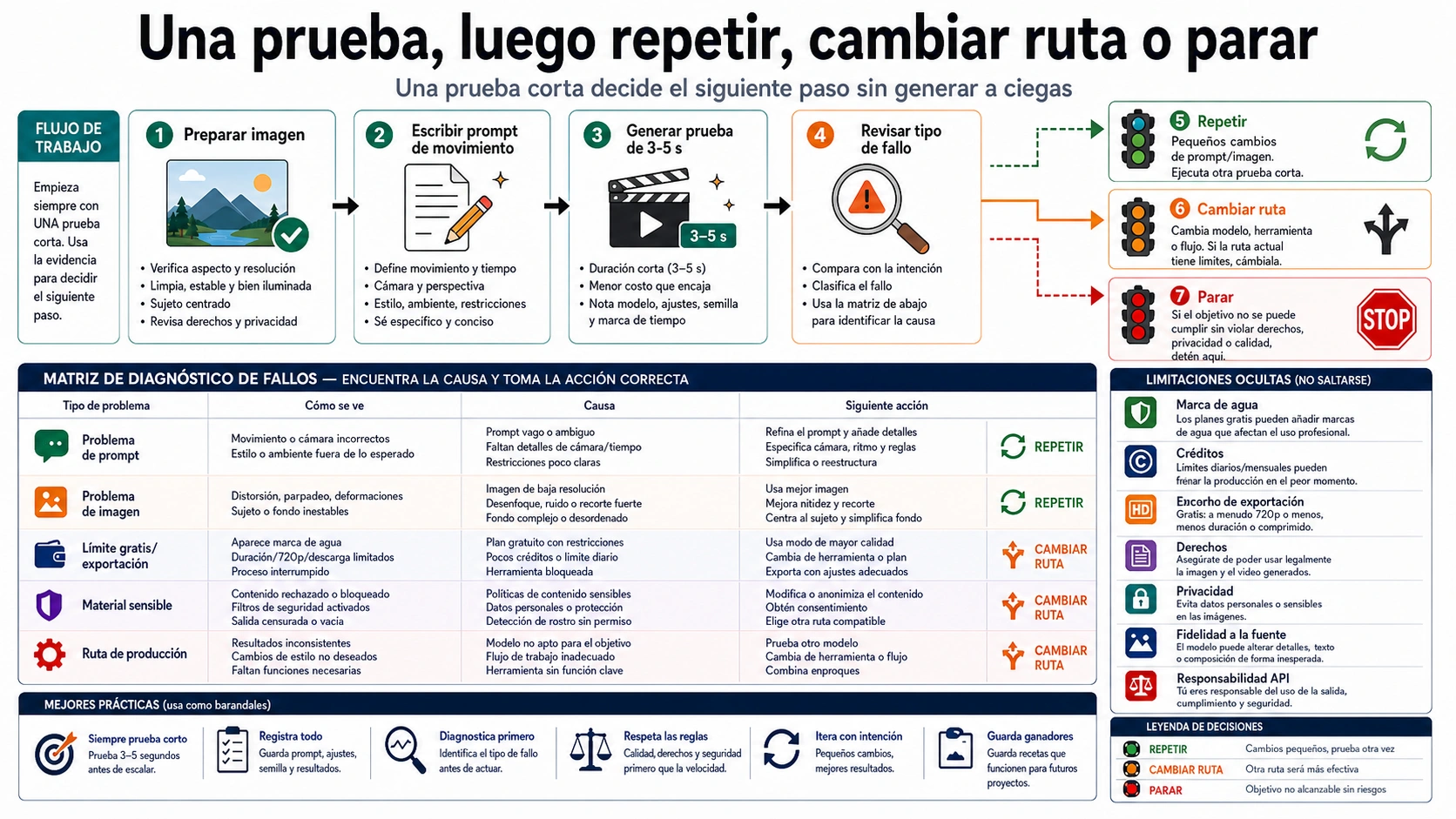 Flujo de una prueba: preparar imagen, escribir prompt, generar clip corto, diagnosticar fallo y decidir reroll, switch o stop.