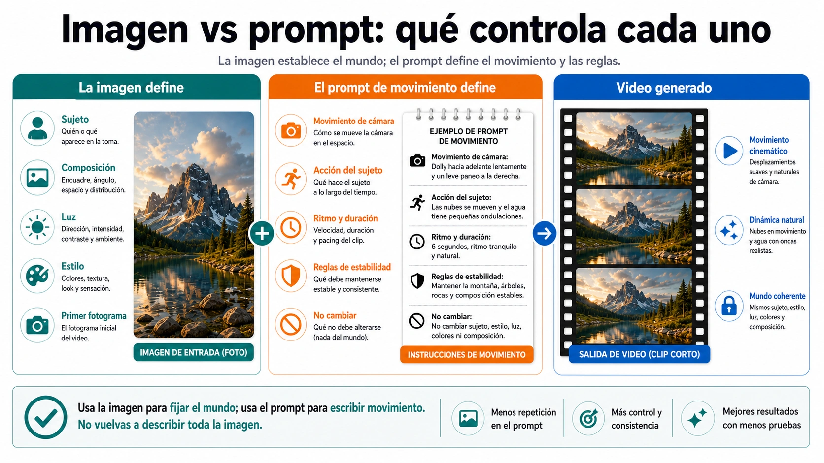 Tablero que separa lo que fija la imagen fuente y lo que debe describir el motion prompt: cámara, acción, ritmo y reglas de estabilidad.