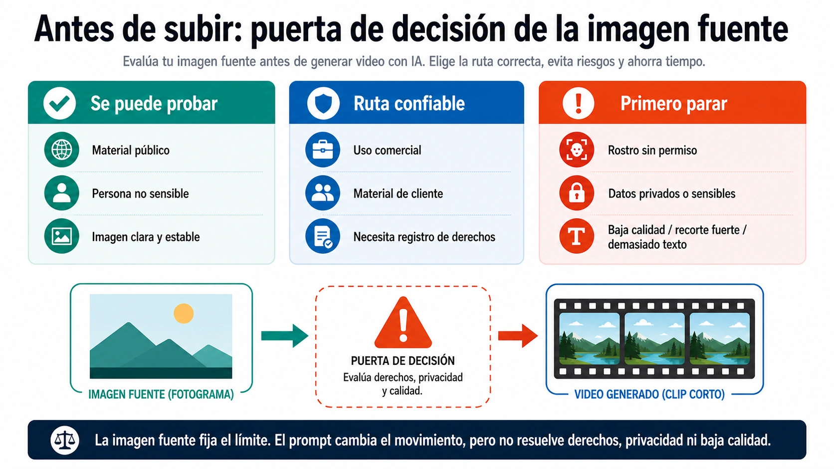 Puerta de seguridad para decidir si una imagen puede probarse, requiere una ruta confiable o debe detenerse antes de subirla.
