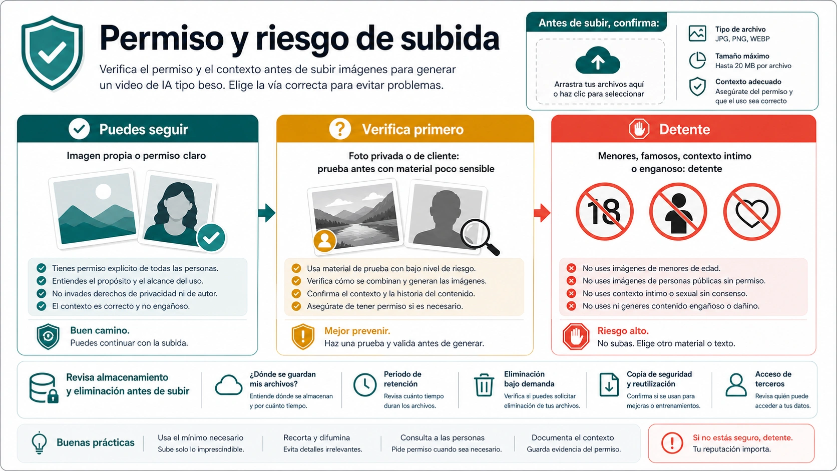 Puerta de consentimiento y riesgo de subida para videos de beso con IA