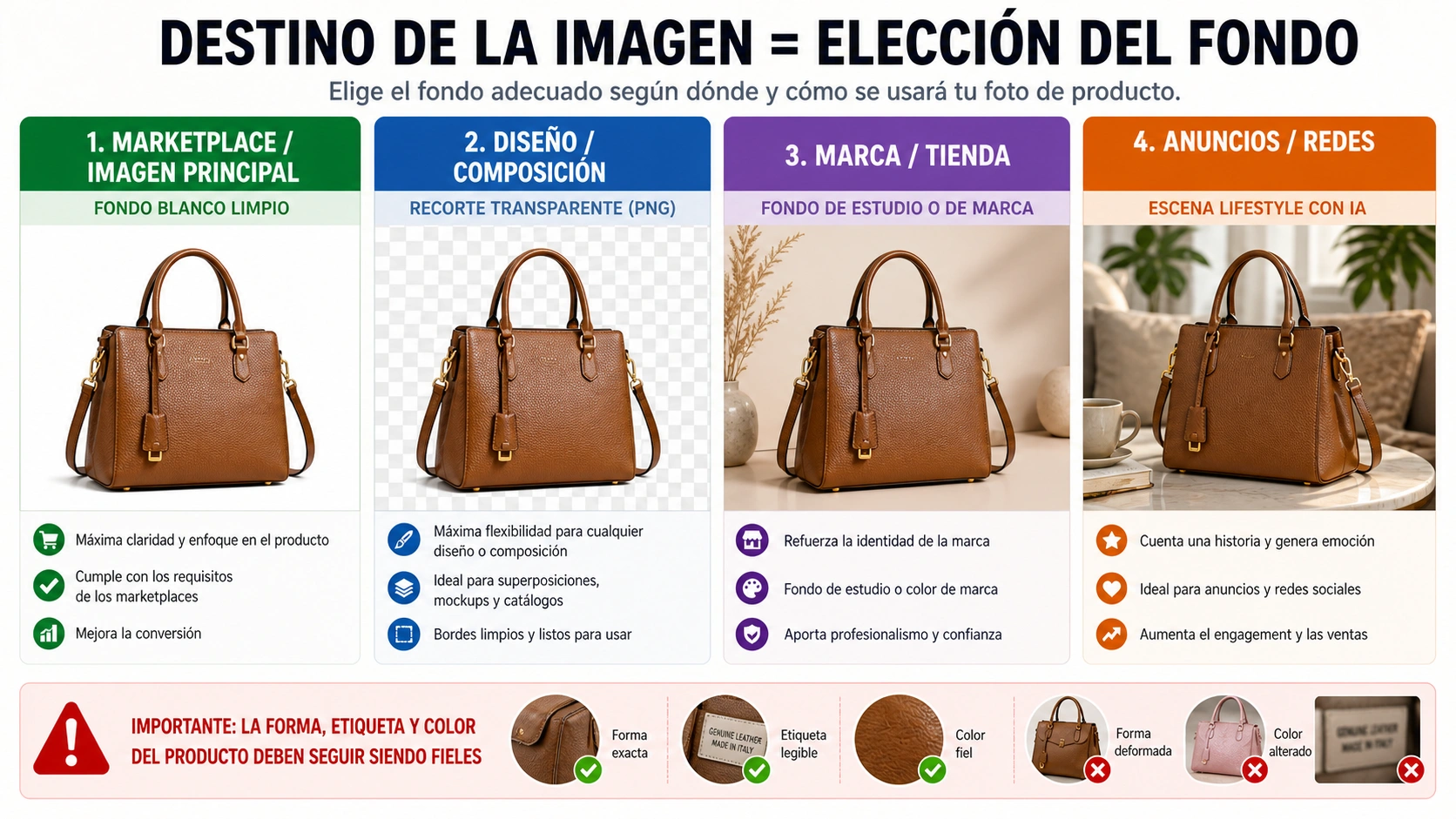 Matriz de destino para fotos de producto: fondo blanco, recorte transparente, fondo de estudio y escena con IA.
