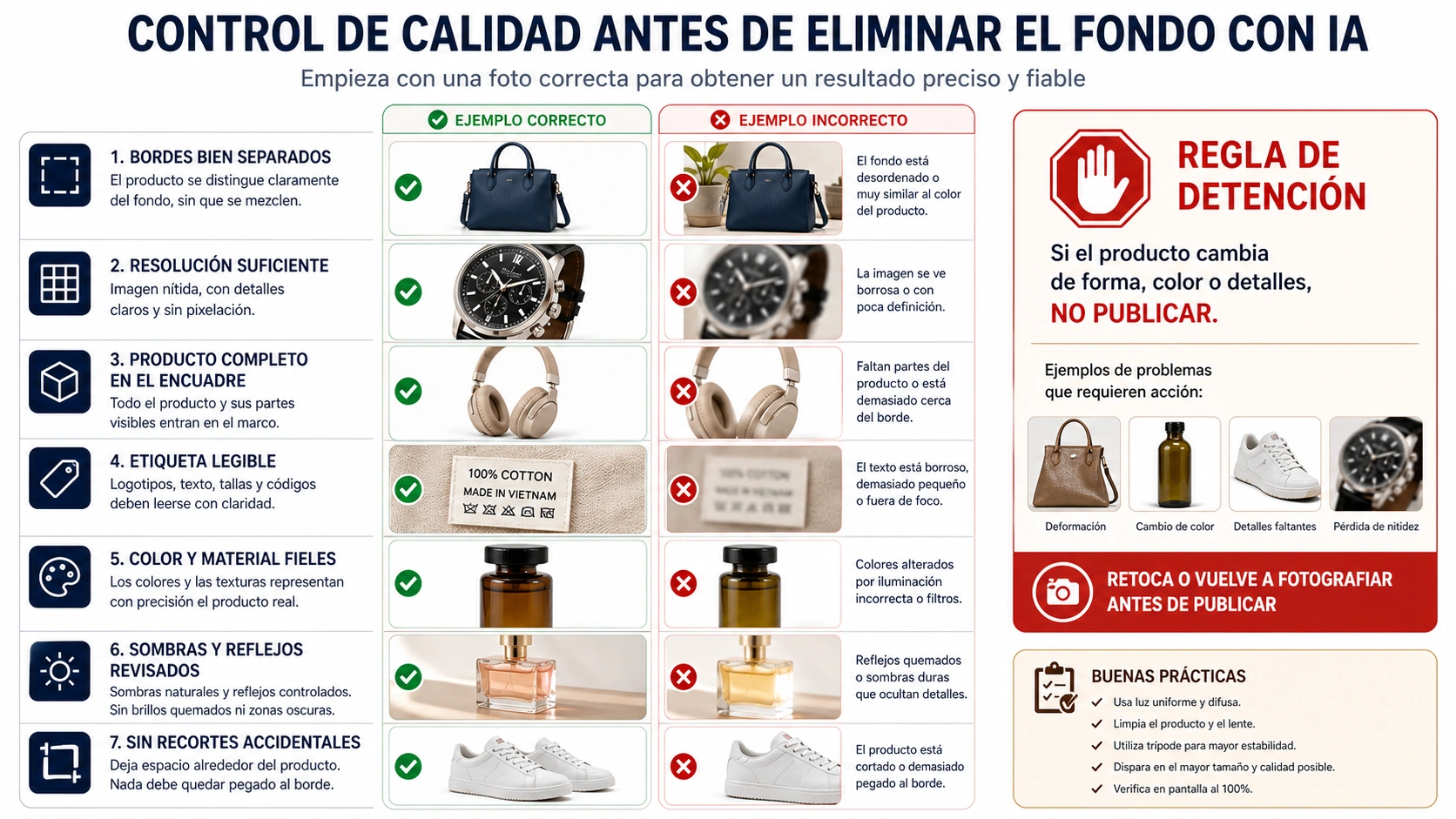 Checklist de foto original antes de quitar fondo: borde, etiqueta, material, sombra y transparencia.