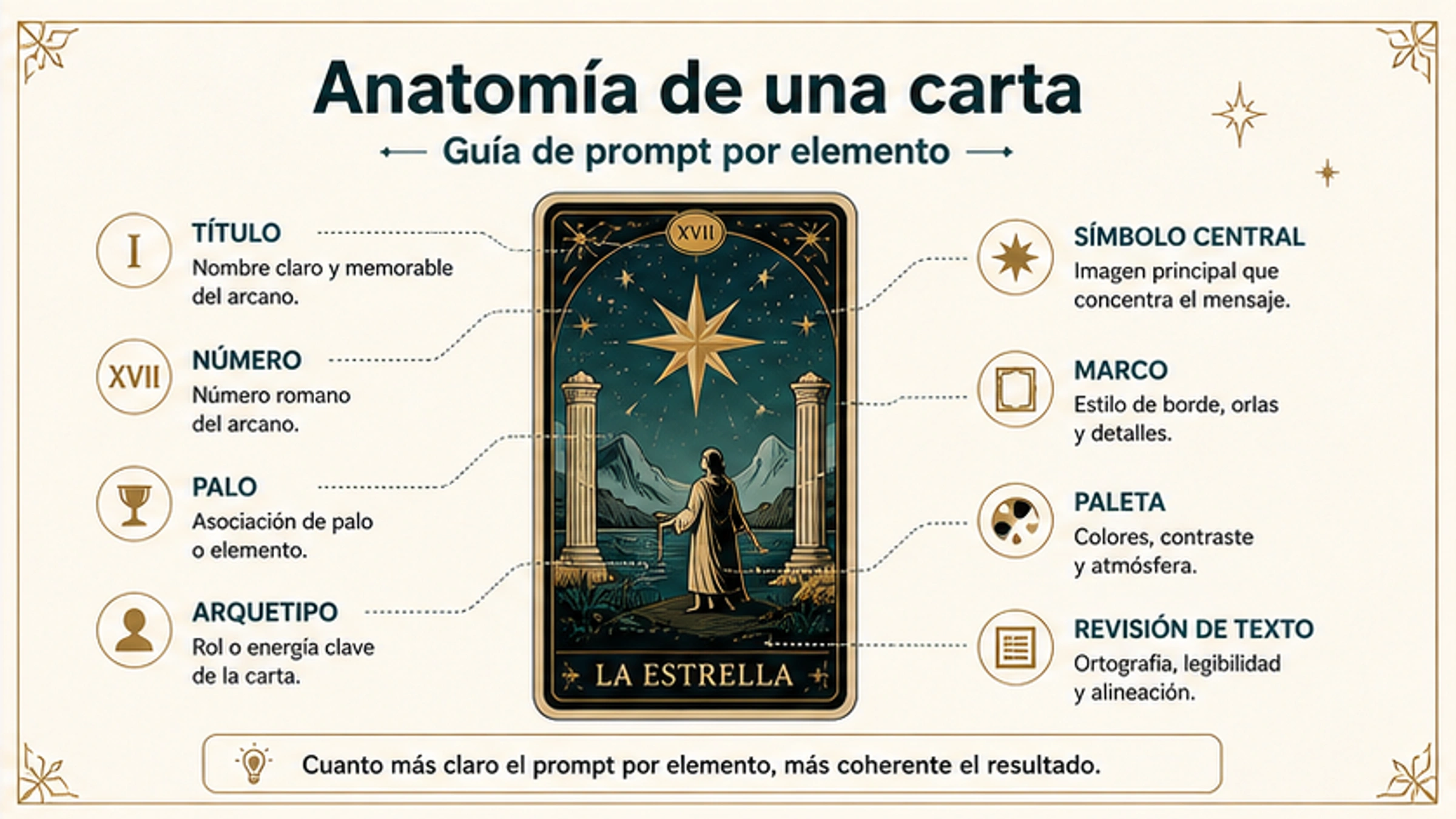 Estructura de prompt para una carta del tarot con nombre, número, palo, arquetipo, símbolo central, marco, paleta y revisión de texto