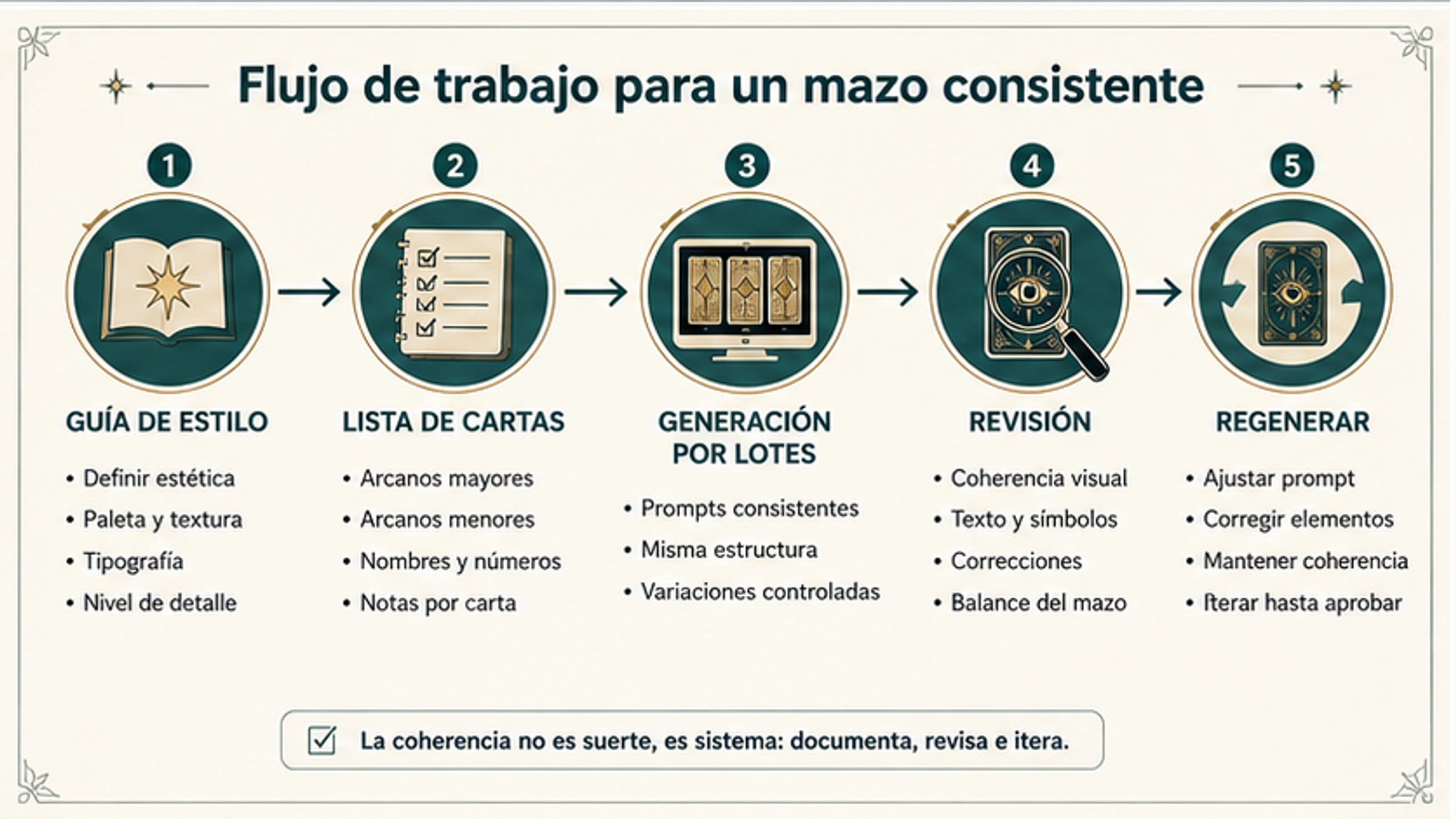 Flujo de trabajo para mantener una baraja del tarot coherente desde la guía de estilo hasta lista, generación, revisión y regeneración