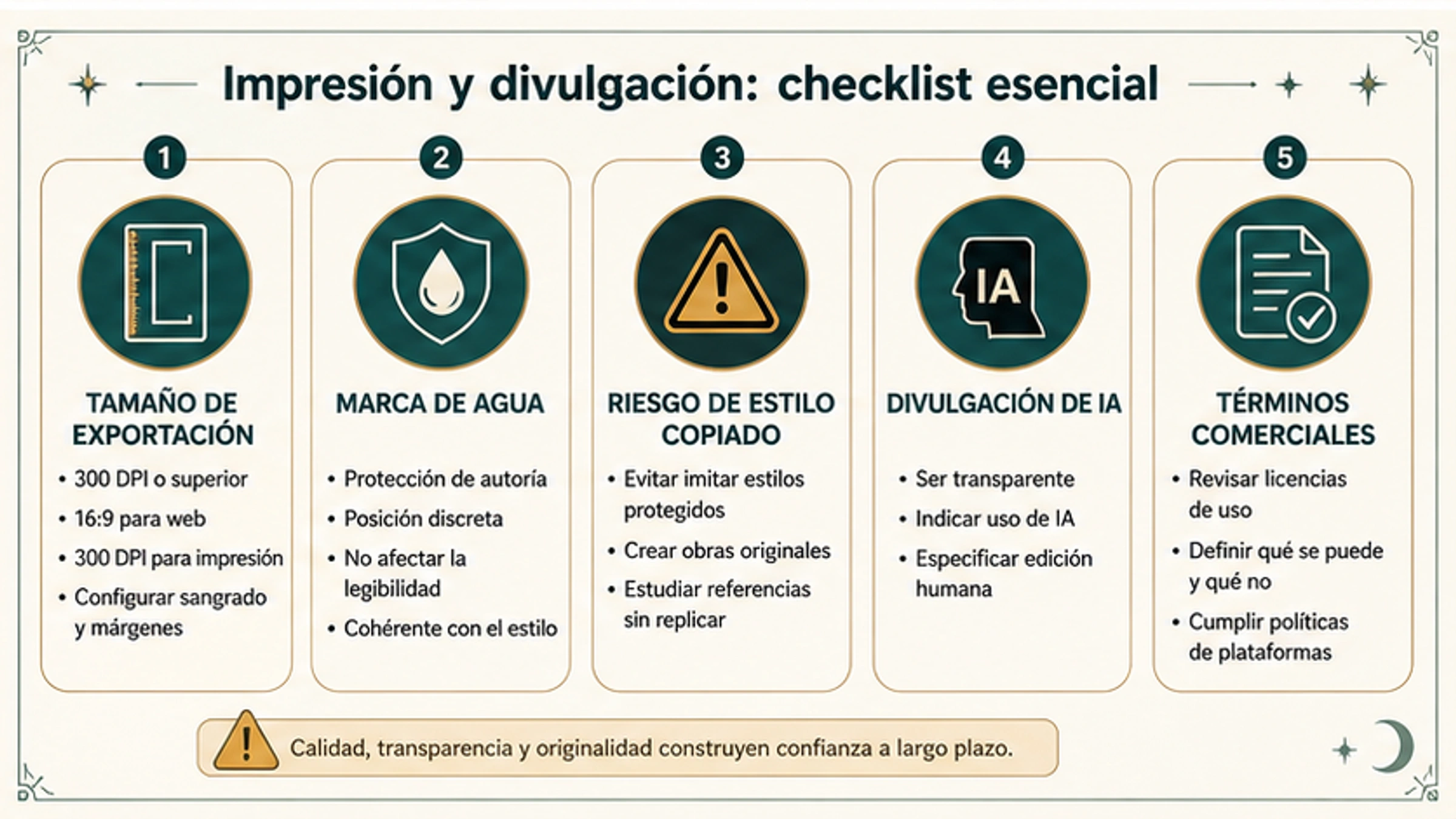 Lista de revisión antes de imprimir o vender cartas del tarot con IA: exportación, marca de agua, riesgo de copia, divulgación de IA y términos comerciales