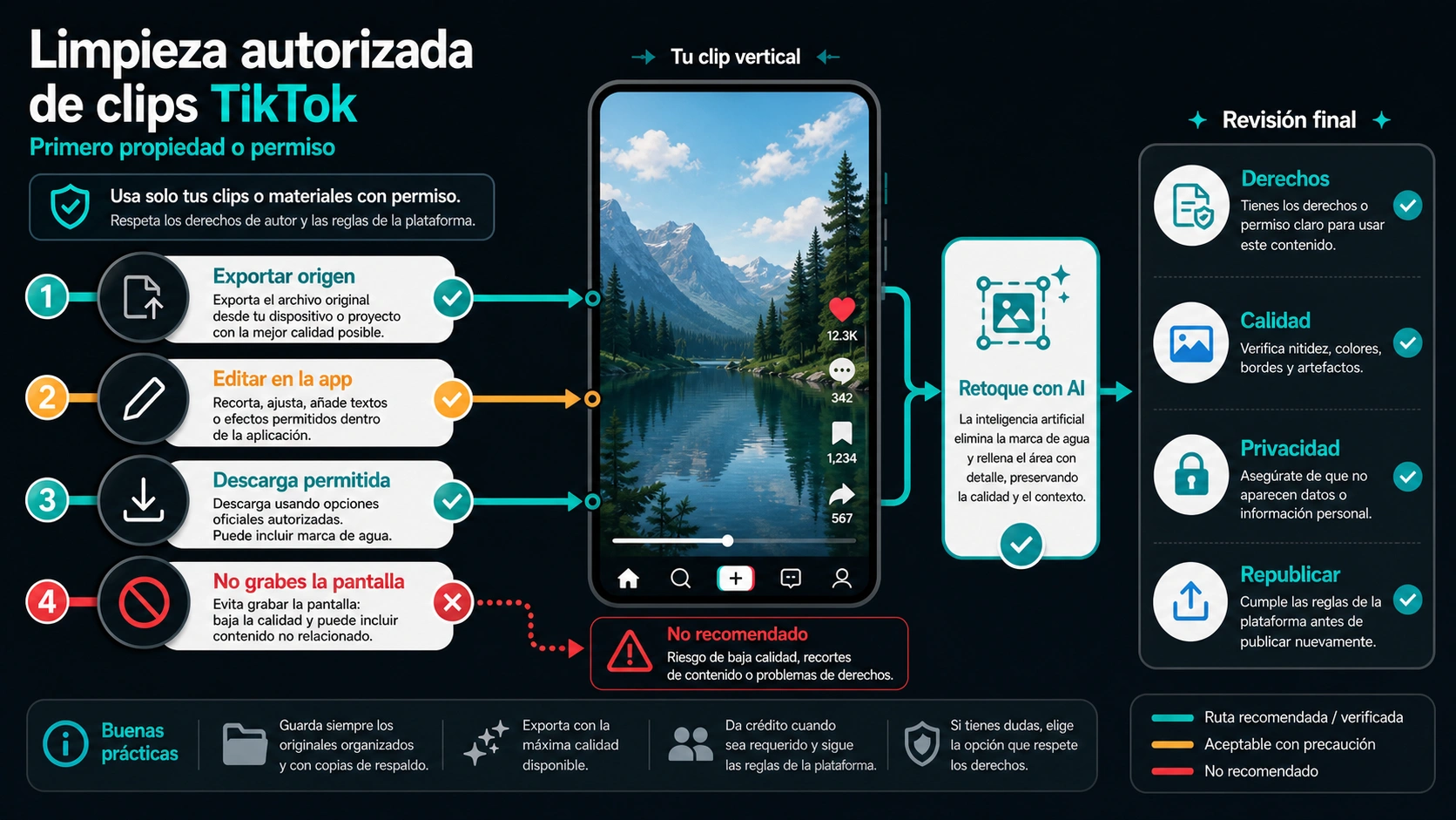 Quitar la marca de agua de TikTok con IA: primero permisos, luego calidad