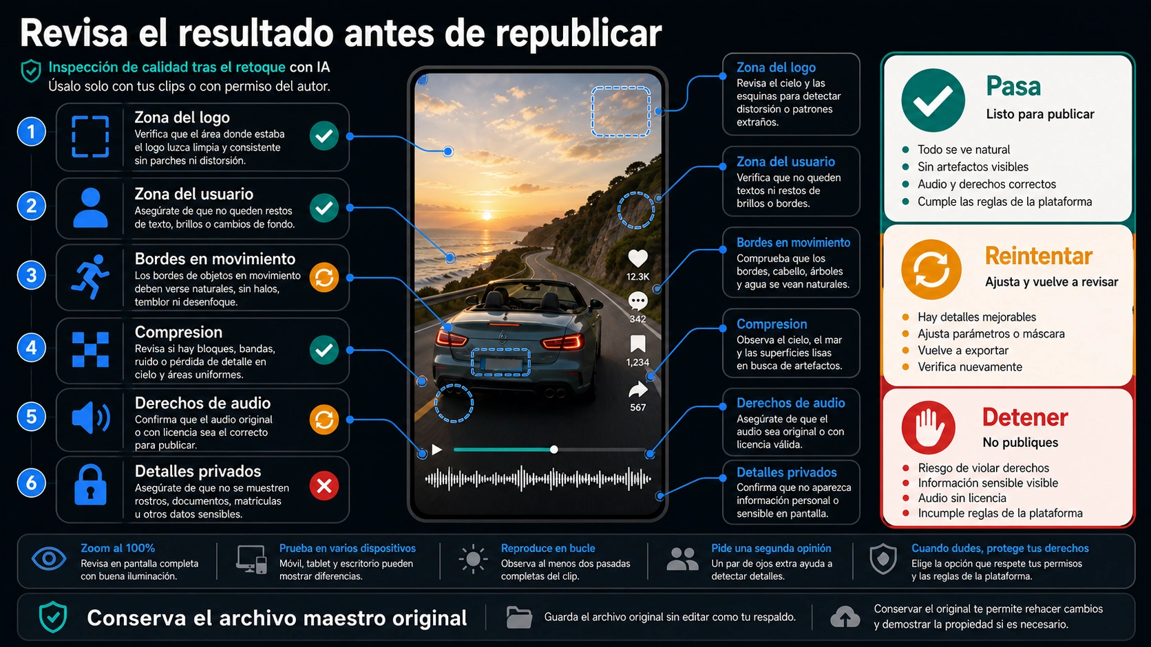 Panel de inspección para videos cortos limpiados con IA: zona del logo, zona del usuario, bordes en movimiento, compresión, derechos de audio y detalles privados.