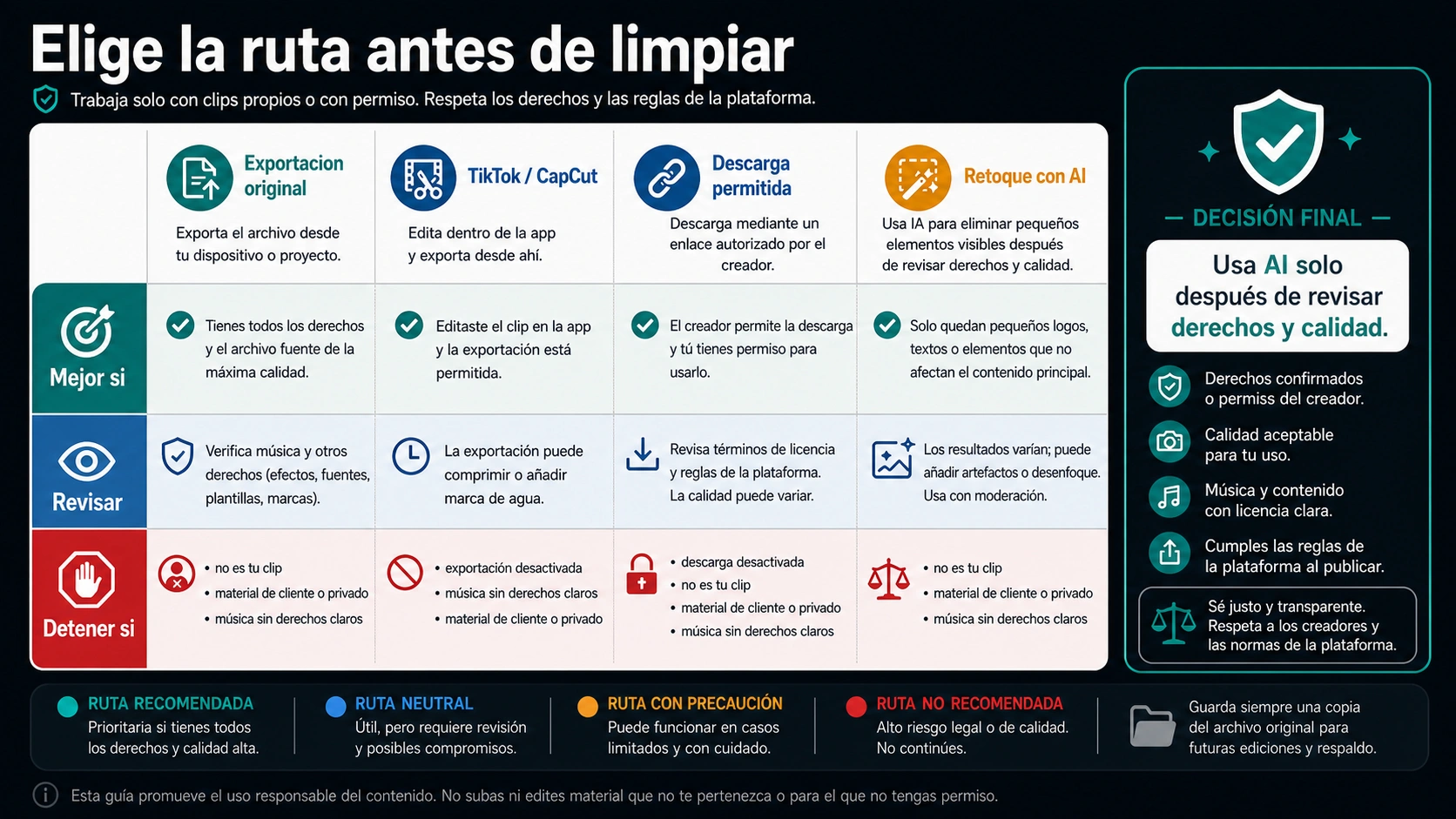 Matriz de decisión para limpiar videos cortos autorizados: exportación original, edición en TikTok o CapCut, descarga por URL permitida e inpainting con IA.
