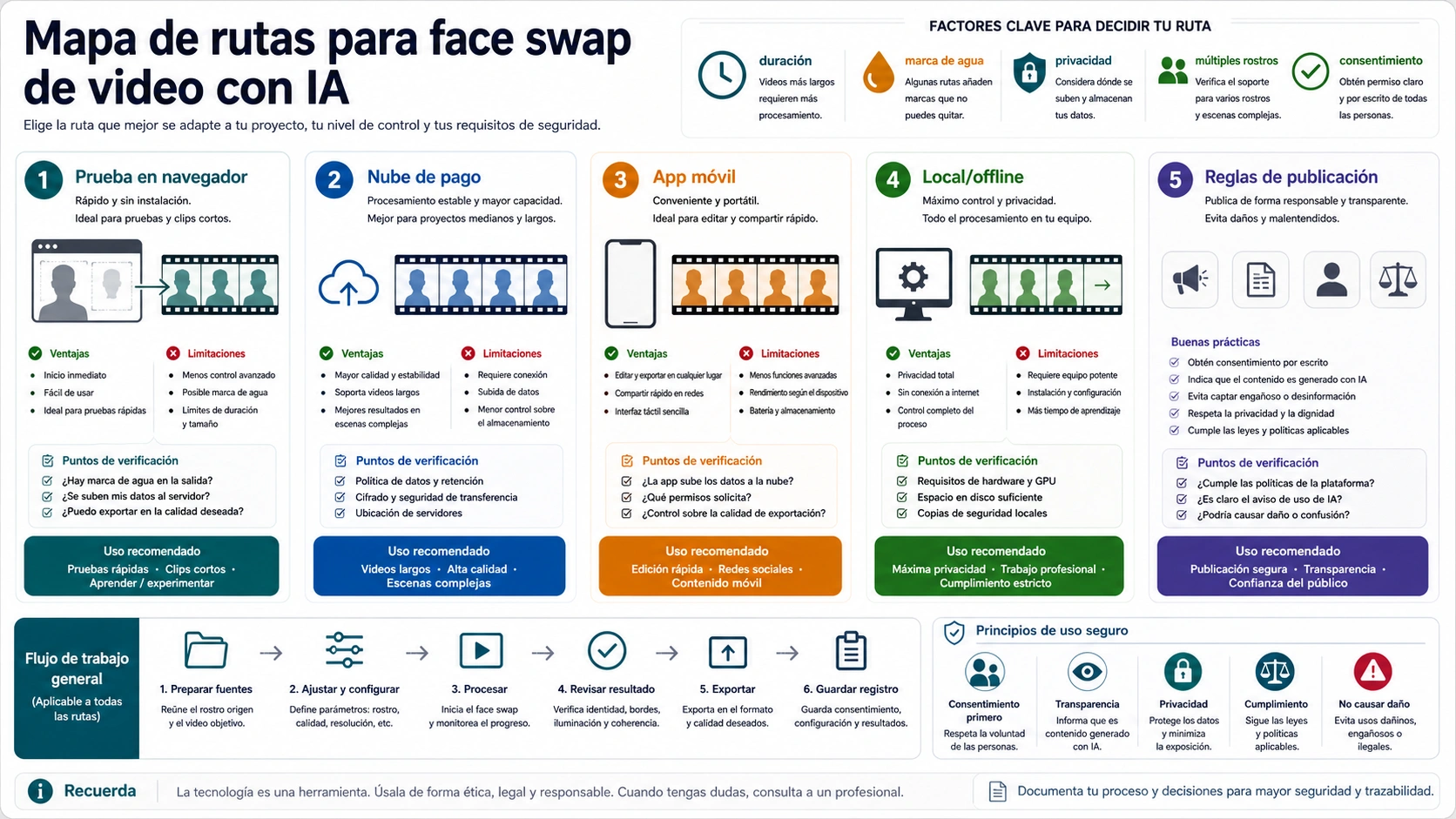 Mapa de rutas para cambiar caras en video: navegador, nube, móvil, herramientas locales y reglas de publicación