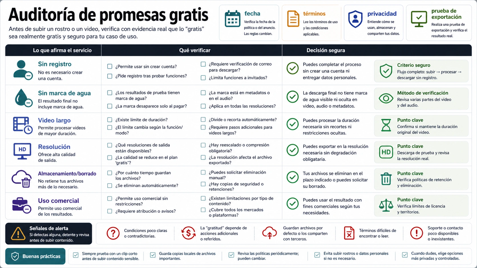 Matriz de auditoría para promesas gratis: sin registro, marca de agua, video largo, privacidad y uso comercial