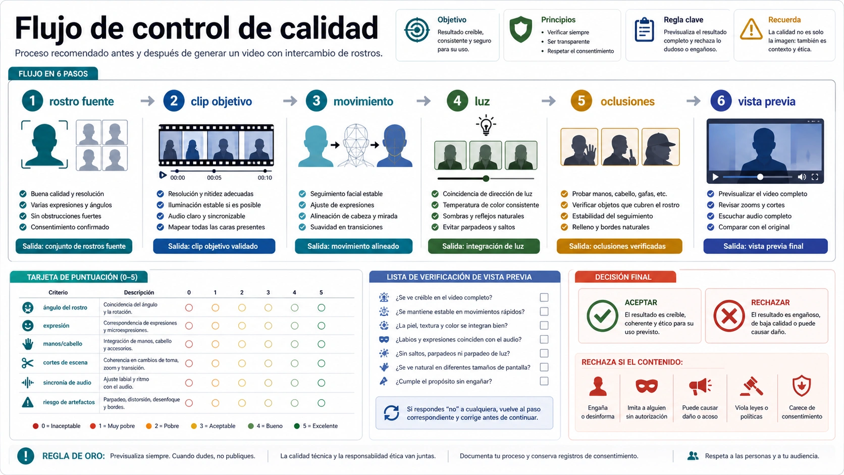 Flujo de calidad para cambiar caras en video: rostro origen, clip destino, movimiento, luz, oclusión y previsualización