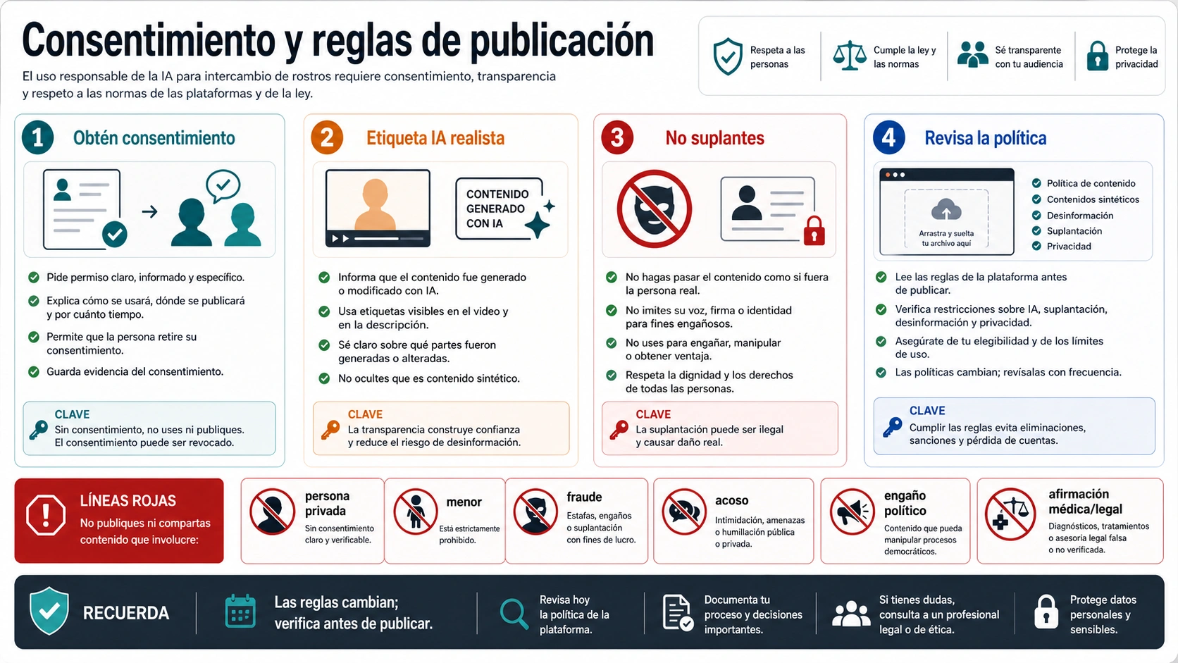 Reglas de consentimiento y publicación para cambio de cara en video: disclosure, suplantación, menores, fraude, acoso y revisión de plataforma