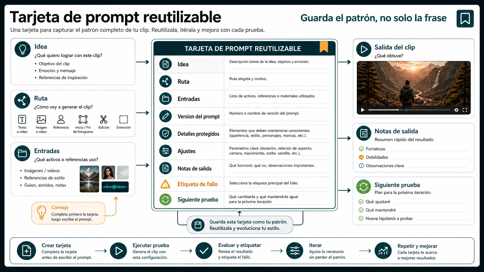 Ficha reutilizable para guardar condiciones, resultado, fallo y próxima prueba
