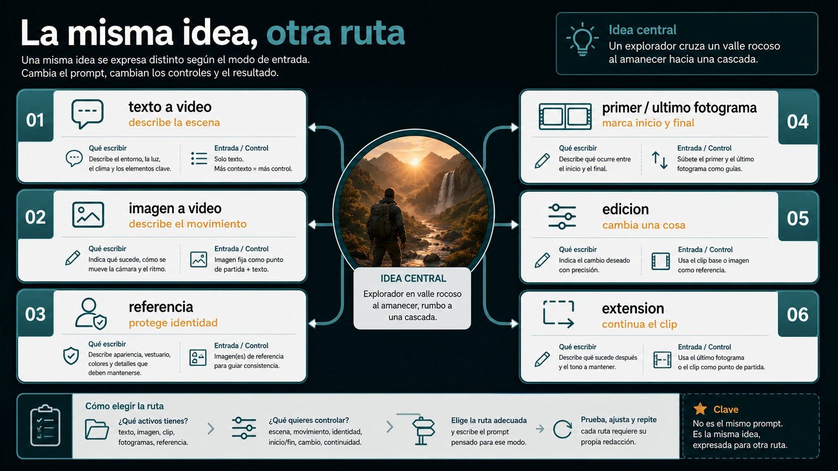 La misma idea de vídeo adaptada a texto a vídeo, imagen a vídeo, referencias, fotogramas, edición y extensión
