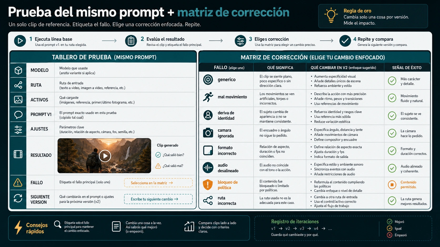 Matriz para puntuar un clip y elegir una corrección según el fallo observado