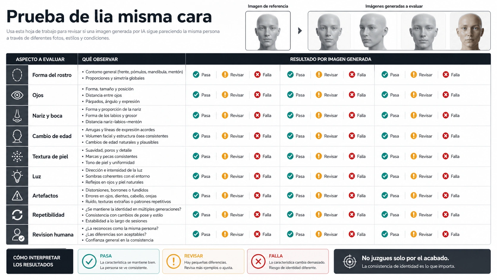Hoja de prueba de misma cara para revisar forma facial, ojos, edad, artefactos y repetibilidad