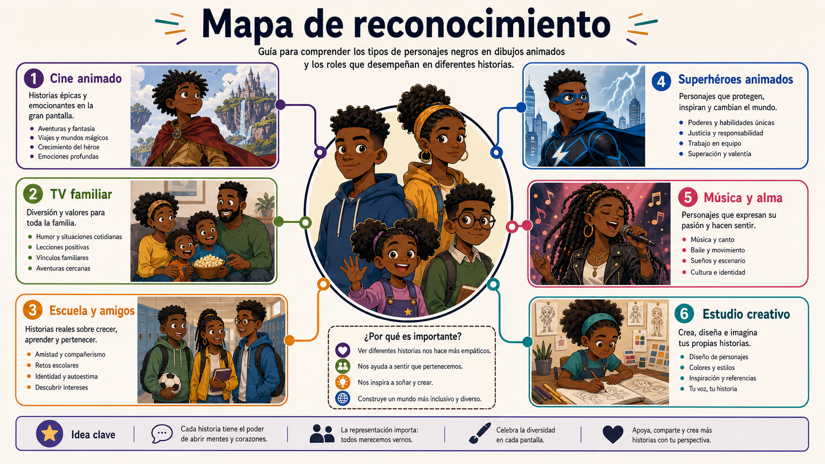 Mapa que agrupa personajes animados negros por cine animado, TV familiar, escuela, superhéroes, música y estudio creativo.