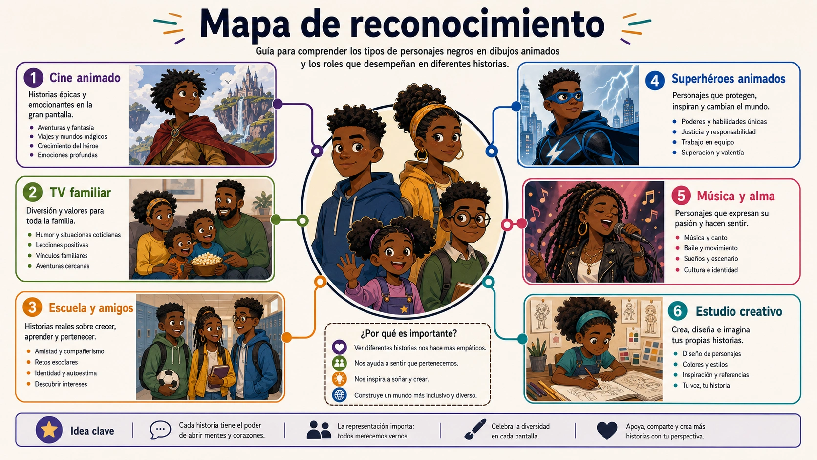 Mapa que agrupa personajes animados negros por cine animado, TV familiar, escuela, superhéroes, música y estudio creativo.
