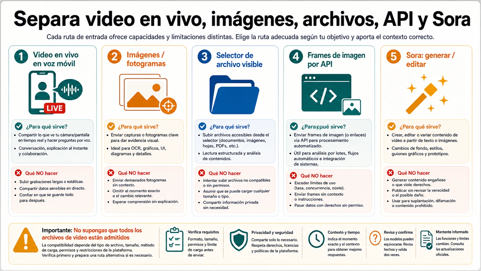 Fronteras entre video en vivo, imágenes, archivos, API frames y Sora