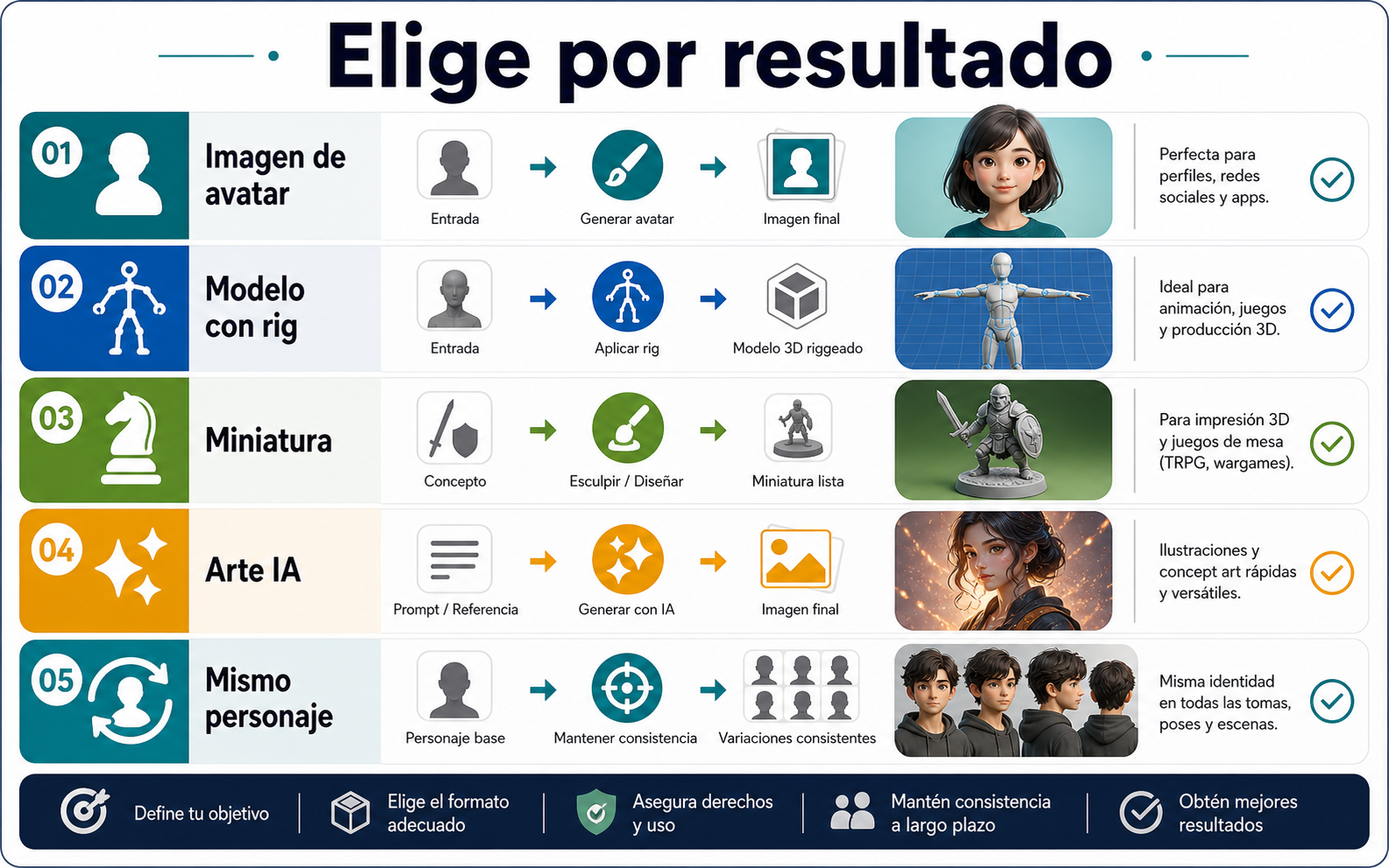 Matriz de salida para elegir entre avatar, 3D, RPG, imagen con IA o personaje consistente