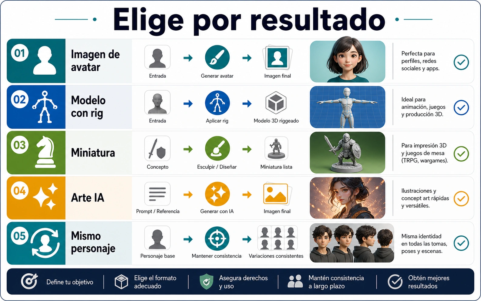 Matriz de salida para elegir entre avatar, 3D, RPG, imagen con IA o personaje consistente