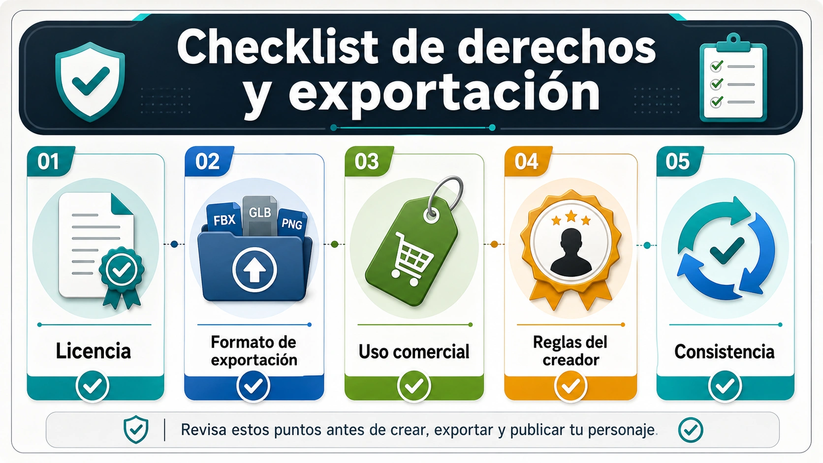 Lista de comprobación de derechos, exportación, edición y repetibilidad para personajes