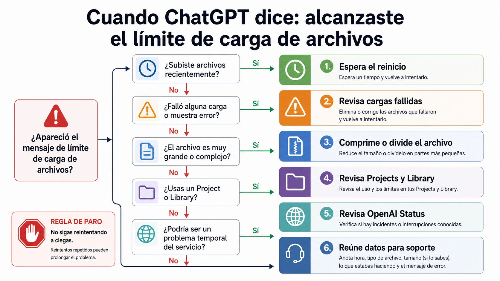 Árbol de decisión para el mensaje de límite de subida de archivos en ChatGPT