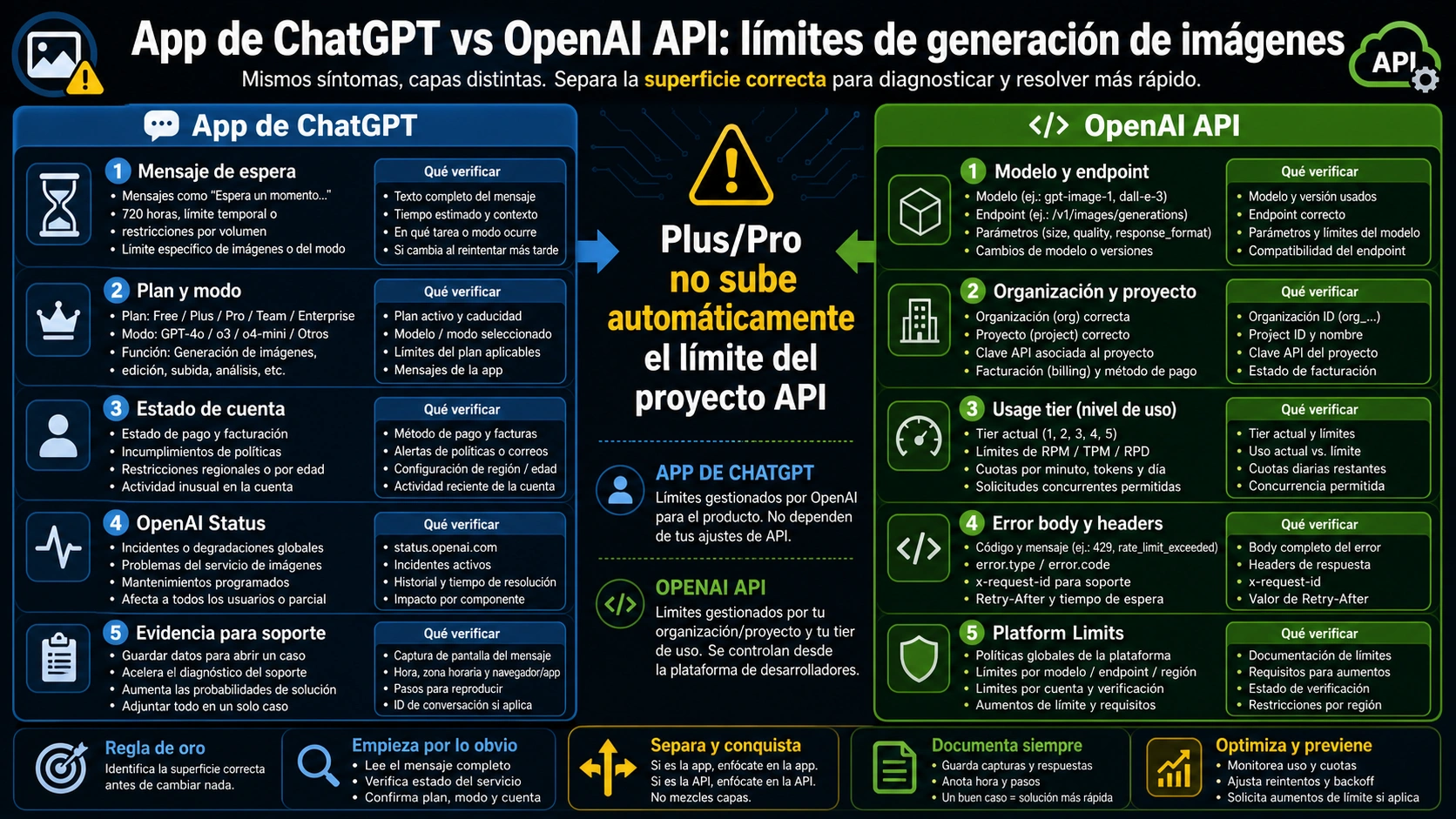 Tablero que separa límites de imágenes en ChatGPT de rate limits de OpenAI API