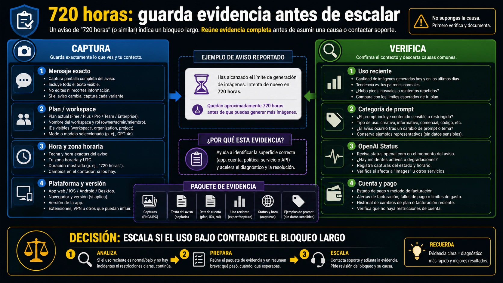 Lista de evidencia para un mensaje de bloqueo de 720 horas en imágenes de ChatGPT