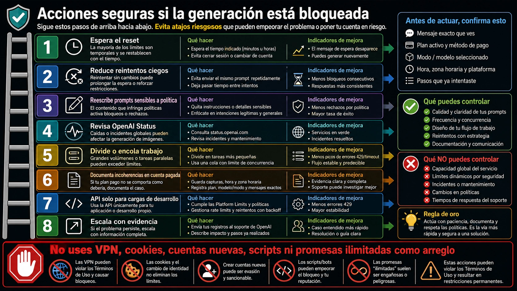 Escalera de acciones seguras cuando ChatGPT bloquea la generación de imágenes