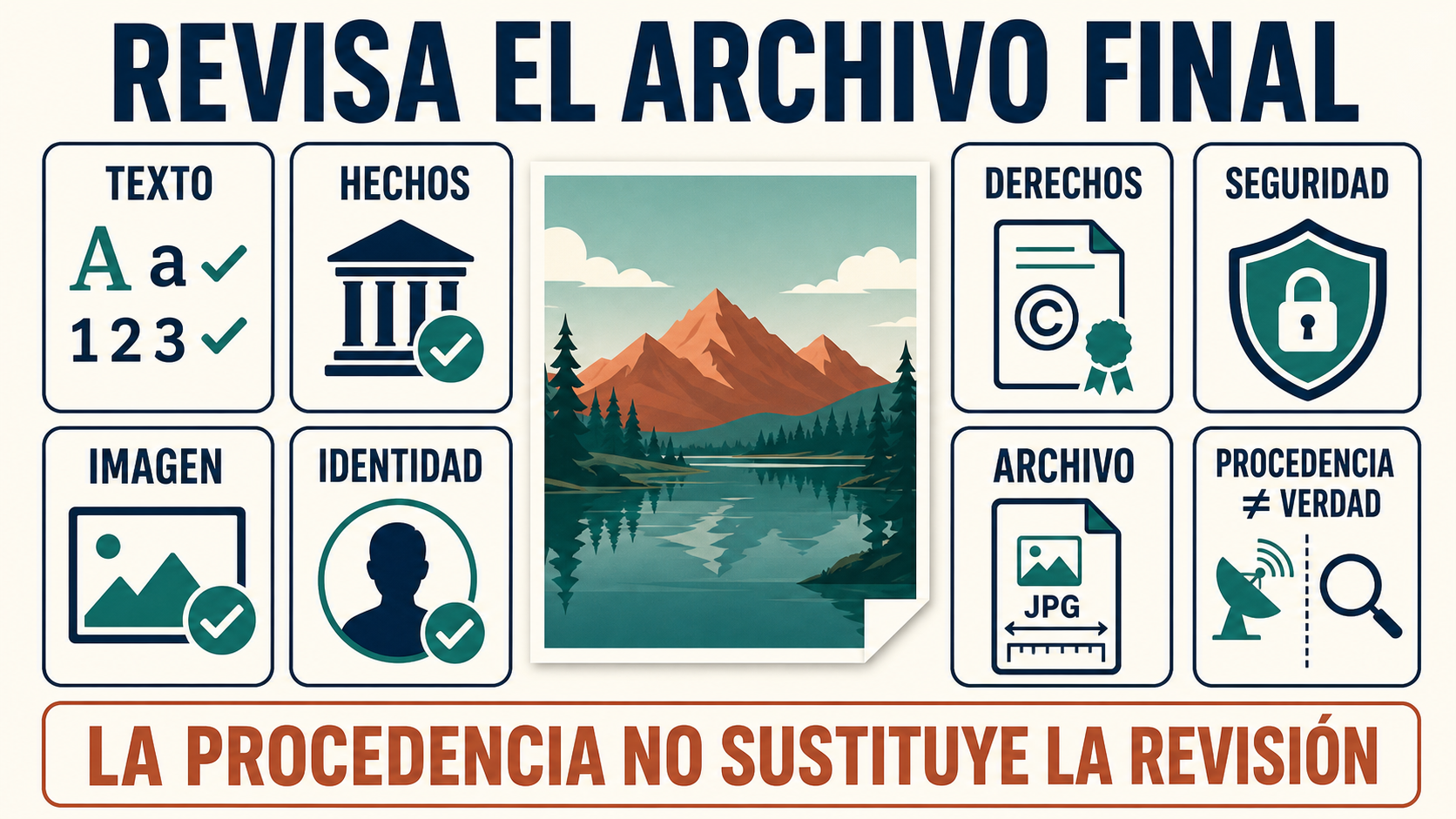 Lista de revisión final para texto, hechos, imagen, identidad, derechos, seguridad, archivo y señales de procedencia