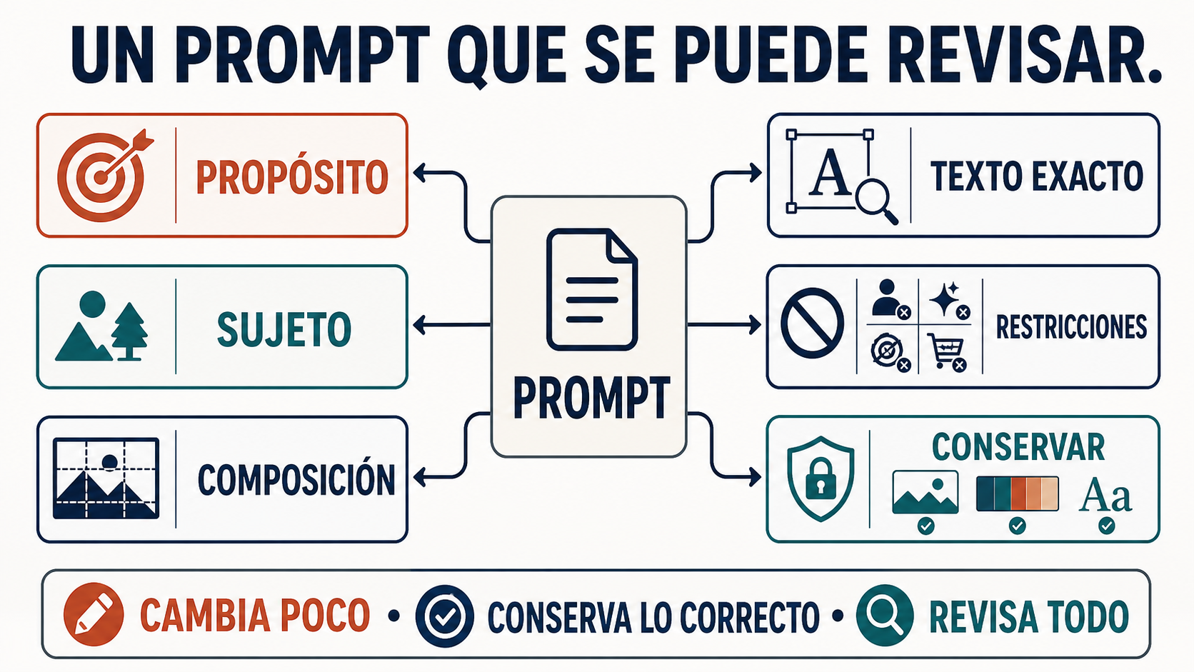 Anatomía de un prompt de imagen en español con propósito, sujeto, composición, texto exacto, restricciones y elementos que deben conservarse